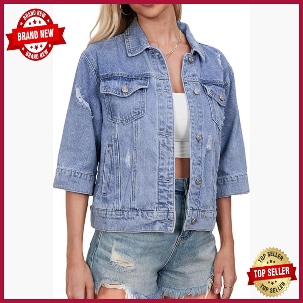 Plus Size Cropped Denim Jacket Distressed Frayed Hem Short Sleeve Casual